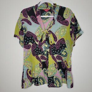 Vintage y2k Sunny Leigh green purple semi sheer funky paisley top plus size 3x